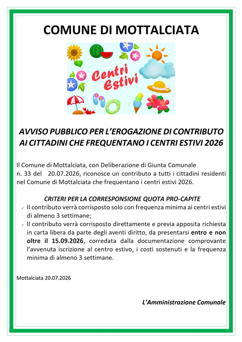 Riconoscimento contributo ai partecipanti dei centri estivi 2026 residenti nel Comune di Mottalciata